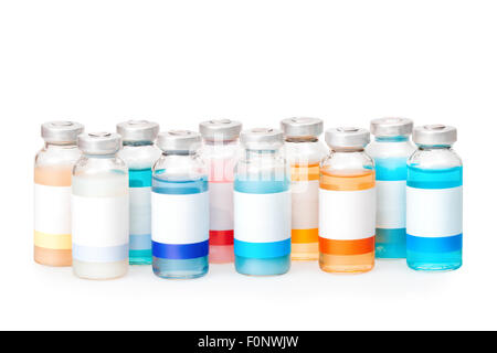 Group of the isolated vials with colored substances with clean labels Stock Photo