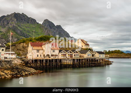 Henningsvaer,  fishing village located on several small islands  in the Lofoten archipelago, Norway. Long exposure. Stock Photo