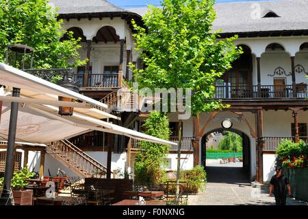 BUCHAREST, ROMANIA - JUNE 24, 2015. Inner yard at Hanul lui Manuc (Manuc's Inn) the oldest operating hotel and restaurant Stock Photo