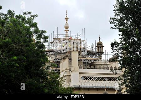 Brighton, UK. 19th August, 2015. Restoration work taking place on the roof and minarets of the Royal Pavilion in Brighton The Pavilion requires constant restoration and conservation work both on the exterior and interior with hundreds of thousands of visitors each year  Credit:  Simon Dack/Alamy Live News Stock Photo