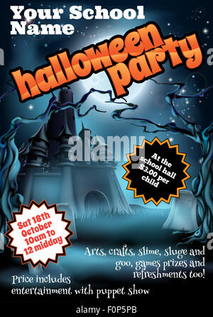 School childrens Halloween Party poster invite invitation or flyer with pumpkins and full moon and spooky castle, trees and tomb Stock Photo