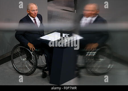 Berlin, Germany. 19th Aug, 2015. German Finance Minister Wolfgang Schaeuble attends a special session of the German lower house of parliament Bundestag in Berlin, capital of Germany, on Aug. 19, 2015. The special session was held on the Greek debt crisis. Credit:  Zhang Fan/Xinhua/Alamy Live News Stock Photo