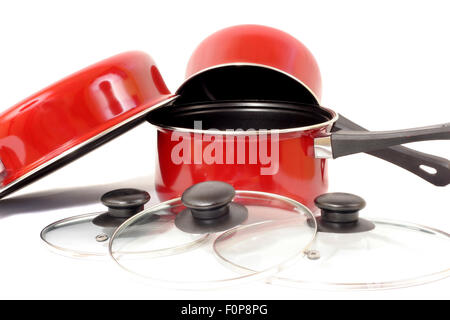 A group of pots and pans isolated on white Stock Photo