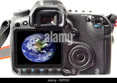 Back of a digital slr camera with the world photo in its display Stock Photo