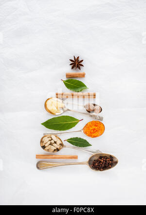 A Christmas tree shape made with spoons and spices cinnamon nutmeg star anis bay leaves cloves cardamom pods ginger orange zest Stock Photo