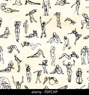 Outline sketch of people in various poses on a paper seamless pattern Stock Vector