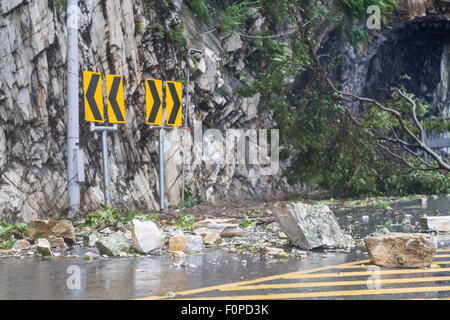 Fallen rocks and debri caused by typhoon Stock Photo
