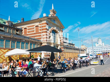 Terraces in front of Vanha Kauppahalli, the old market hall, Eteläranta, south bank, central Helsinki, Finland, Stock Photo