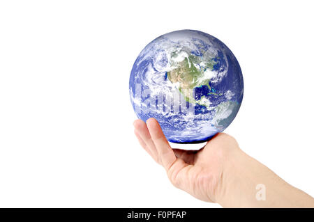 Hand holding planet earth isolated on white Stock Photo