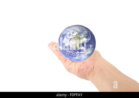 Hand holding planet earth isolated on white Stock Photo