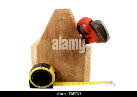 Wooden tool box  with tools isolated on a white background Stock Photo
