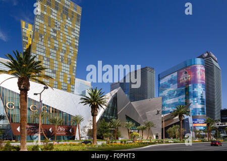 Citycenter on Las Vegas Boulevard, with the Gucci store, Crystals, Aria Resort, Veer Towers, and the Cosmopolitan Stock Photo