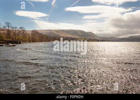 Ullswater Lake, Arthur’s Pike and Bowscale Pike from Pooley Bridge, Ullswater, Lake District, Cumbria, England Stock Photo