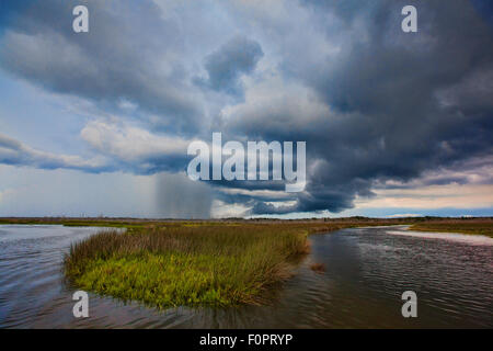 Afternoon storm clouds moving over the Central Florida Coastline along the Gulf of Mexico with rain falling Stock Photo