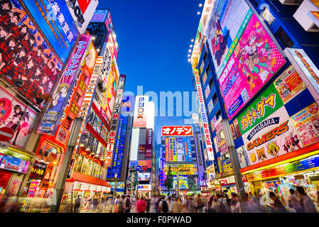 Crowds pass below colorful signs in Akihabara, Tokyo, Japan. Stock Photo
