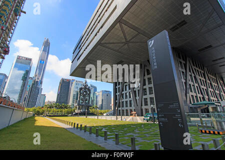 Shenzhen, China - August 19,2015: Shenzhen skyline as seen from the Stock Exchange building with the Ping An IFC Stock Photo