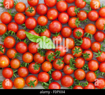 Ripe cherry tomatoes texture and basil leaves on wooden table Stock Photo