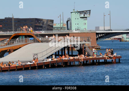 Kalvebod Bølge, Kalvebod Waves or Wave in Copenhagen inner harbour. Exciting pier structure waving up and down at Kalvebod Brygge. Vesterbro district. Stock Photo