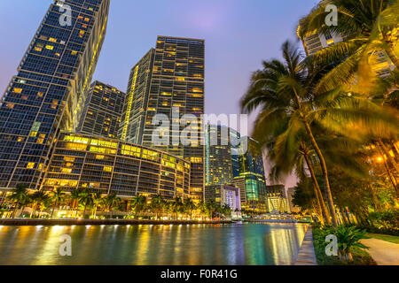 Miami Downtown, Brickell Key at Night Stock Photo