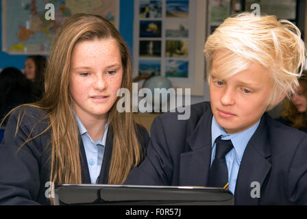 Male & female secondary school pupils in classroom using laptop computer as an aid to learning, Surrey, UK. Stock Photo