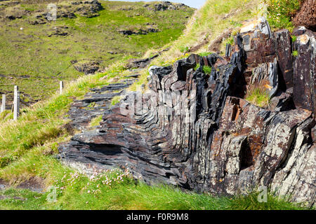 An outcrop of folded shale strata at the entrance to Boscastle harbour, north Cornwall, England, UK Stock Photo