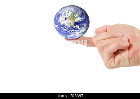 Planet earth on a finger isolated on white Stock Photo