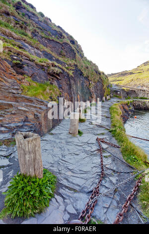 Old wooden mooring posts in Boscastle harbour, north Cornwall, England, UK Stock Photo