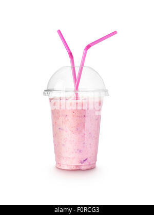 Simple shot of a single fruit smoothie in a take away plastic cup isolated on white with a clipping path and copy space for the Stock Photo