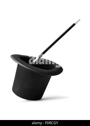 Shot of a top hat with a magic wand waving into or around it as if a trick or illusion was being performed. Isolated on a pure w Stock Photo