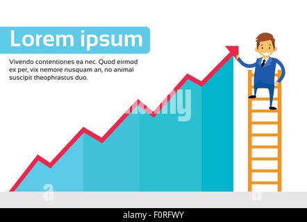 Businessman Standing on Ladder Show Graph Red Up Arrow Stock Vector