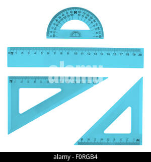 Rulers, triangle and protractor on white background, collage ...