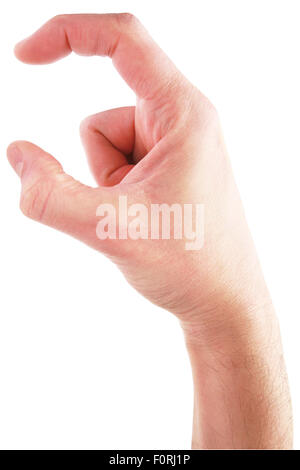 empty hand holding imaginary item with space left for addition of object. With clipping path on white background. Stock Photo