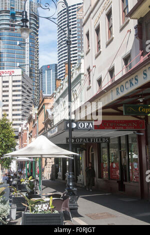 The Rocks area of Sydney where the first european settlement took place, with shops and cafes along george street,sydney Stock Photo