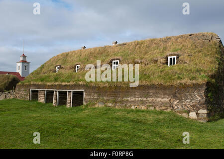 Iceland, Akureyri, Eyjaforour. Historic turf houses of Laufas, once owned by a wealthy vicarage, c. 1866. National Museum. Stock Photo