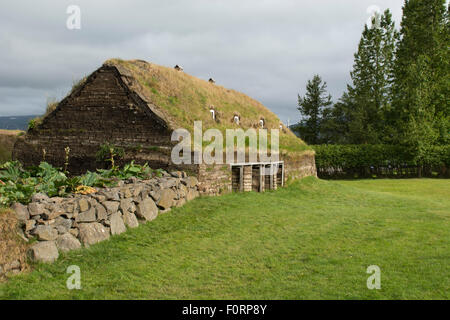 Iceland, Akureyri, Eyjaforour. Historic turf houses of Laufas, once owned by a wealthy vicarage, c. 1866. National Museum. Stock Photo