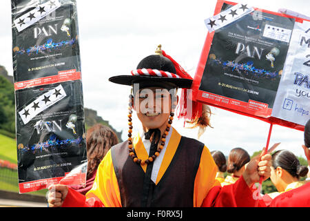 Edinburgh, Scotland, UK. 19th August, 2015. Promotion by the Korean drum and dance artists of PAN (the Korean word for 'Festival'), advertising their event which is playing at the Assembly Hall in Edinburgh. Credit:  PictureScotland/Alamy Live News Stock Photo