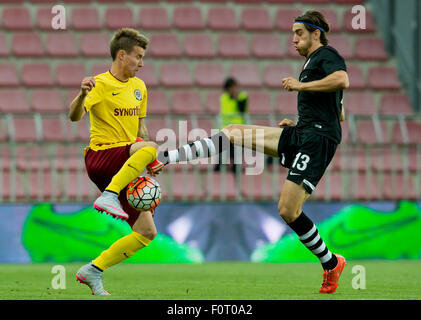 Lukas Marecek from Sparta, left, and Simone Rapp from Thun in action during the fourth qualifying round of the UEFA Europa League match AC Sparta Praha vs FC Thun in Prague, Czech Republic, on Thursday, August 20, 2015. (CTK Photo/Vit Simanek) Stock Photo