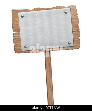 Old weathered wooden sign with nailed metal plate isolated on white Stock Photo