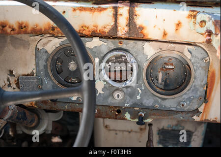 dashboard of an abandoned vintage car. Old speedometer, fuel meters ...