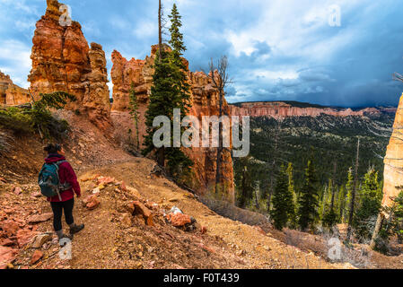 Woman Backpacker hiking down the Ponderosa Canyon Bryce National Park Stock Photo