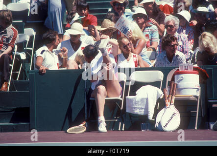 Billie Jean King at the Clairol Crown tennis tournament at La Costa Resort in Carlsbad, California in April 1980. Stock Photo