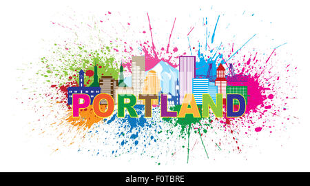 Portland Oregon Outline Silhouette with City Skyline Downtown Panorama Color Text Paint Splatter Isolated on White Background Il Stock Photo