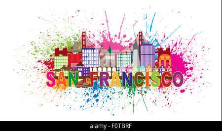 San Francisco California City Skyline with Golden Gate Bridge Color Text with Abstract Paint Splatter Illustration Stock Photo
