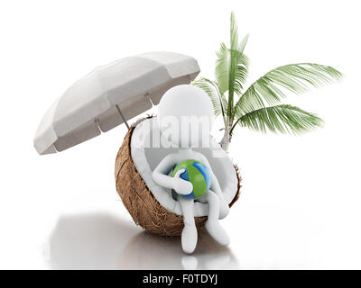 3d renderer image. White people sitting in a coconut. Beach vacation concept. Isolated white background Stock Photo