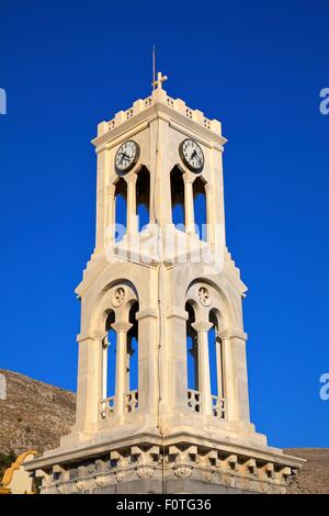 Clock Tower, Pothia,  Kalymnos, Dodecanese, Greek Islands, Greece, Europe Stock Photo