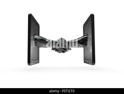 Tablet handshake, 3D render of tablet computers shaking hands Stock Photo