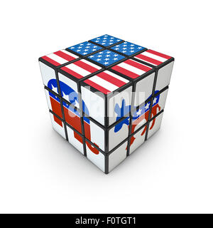 Election day puzzle, 3D render of puzzle cube with USA flag and republican and democratic party symbols Stock Photo