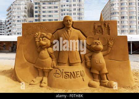 Walt Disney cartoon characters Mickey Mouse and Minnie Mouse, sand sculptures, Sand Sculpture Festival Frozen Summer Sun Stock Photo