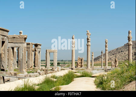 Gates and pillars, residential palace of Xerxes and Apadana, ancient Persian royal capital Persepolis, Iran Stock Photo