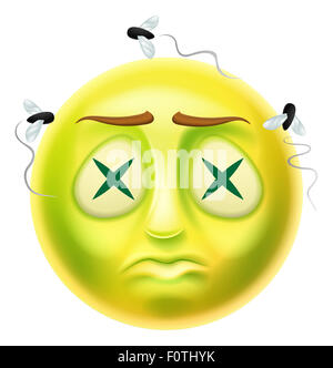 A zombie dead emoticon emoji character with xs in his eyes and flies flying around him Stock Photo